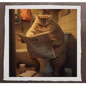 May include: A large, tabby cat sits on a toilet, reading a newspaper. The cat is wearing a serious expression and has a thick, fluffy coat. The toilet is white and has a white seat. The bathroom is tiled in white and has a light brown floor.
