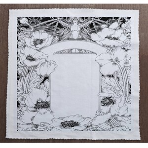 May include: Black and white illustration of a floral design with a blank space in the center. The design features poppies, leaves, and a stylized female figure.