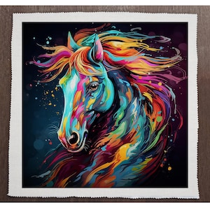 May include: A colorful abstract painting of a horse's head and mane. The horse is painted in shades of blue, green, yellow, orange, and red.