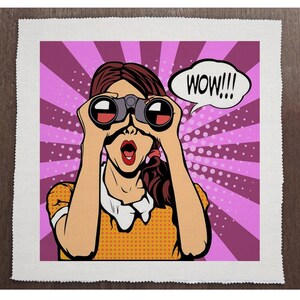 May include: A woman with brown hair is looking through binoculars with a surprised expression on her face. The background is pink with a white speech bubble that says "WOW!!".