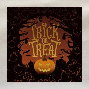 May include: A Halloween themed illustration featuring a jack-o'-lantern in the centre. The text "Trick or Treat" is written in a vintage style font. The background is a dark orange with black silhouettes of bats, ghosts, and tombstones.