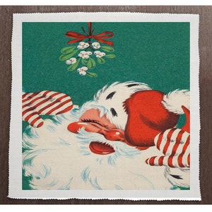 May include: A vintage Christmas illustration of Santa Claus sleeping under a sprig of mistletoe with red and white striped candy canes. The background is a bright green color.