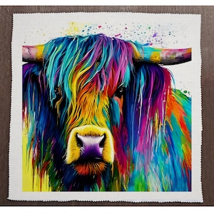 May include: A colorful painting of a Highland cow with a long, flowing mane of blue, green, yellow, orange, pink, and purple. The cow's face is in focus, and its eyes are black.