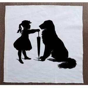 Vintage silhouette Little Girl and Dog Golden Retriever - Sewing, Cushion, Upholstery, Craft, Patchwork and Quilting Fabric Panel