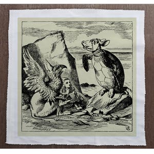 May include: Black and white illustration of a Gryphon, a turtle with a human-like face, and a young girl. The Gryphon is standing on a rocky shore with its wings spread. The turtle is standing on a rock with its head turned to the side. The girl is standing between the Gryphon and the turtle, looking at the turtle.