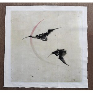 May include: A black and white ink painting on a white canvas with a pink brushstroke in the background. The painting depicts two birds in flight.