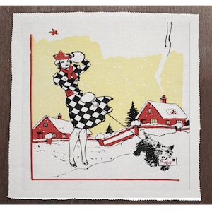 Retro Winter Christmas Lady Dog Snow - Sewing, Cushion, Upholstery, Craft, Patchwork and Quilting Fabric Panel 100% cotton