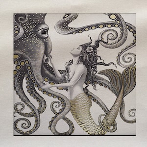 Mermaid Octopus Under Sea Ocean Fantasy - Näh-, Kissen-, Polster-, Handwerk, Patchwork und Quilting Fabric Panel 100% Baumwolle