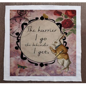 Alice In Wonderland Rabbit Late  The Hurrier I Go  - Sewing, Cushion, Upholstery, Craft, Patchwork and Quilting Fabric Panel 100% cotton