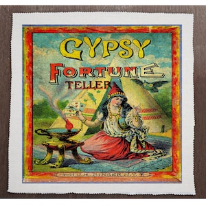 May include: Vintage illustration of a Gypsy Fortune Teller holding cards in a tent with an owl above. The text reads "Gypsy Fortune Teller" with a red, yellow, and blue color scheme.