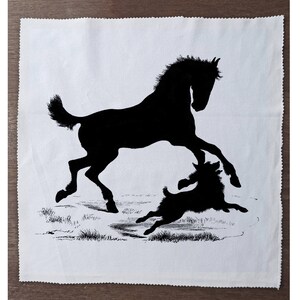 May include: Black and white silhouette of a horse and a smaller animal running on a white background.