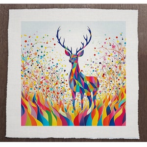 Pode incluir: Um veado geométrico colorido está em um campo de flores abstratas brilhantes. O veado é composto por uma variedade de formas e cores, incluindo azul, verde, amarelo, laranja e vermelho. As flores também são compostas por uma variedade de formas e cores, e estão dispostas em um padrão aleatório.