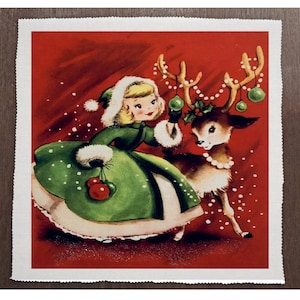 May include: A vintage Christmas card featuring a girl in a green dress and white fur trim holding red ornaments, standing next to a reindeer with a pearl necklace and green ornaments on its antlers. The background is red with white snowflakes.