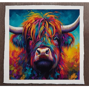 May include: A colorful painting of a Highland cow with a long, flowing mane of hair. The cow's fur is painted in shades of pink, orange, yellow, blue, and green. The background is a blur of colors, with hints of blue and yellow.