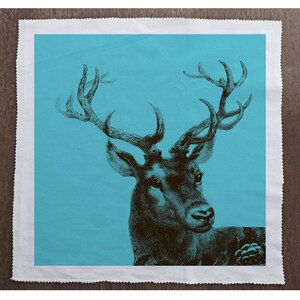 May include: A black and white illustration of a deer's head with large antlers against a turquoise background. The deer is looking to the right of the image.