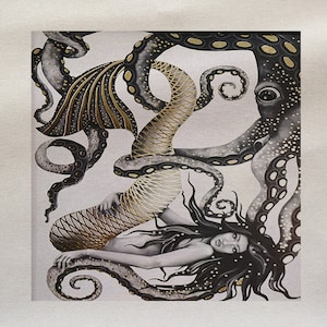 May include: A black and gold illustration of a mermaid entangled with an octopus. The mermaid has long black hair and a gold tail. The octopus has black tentacles with gold spots.