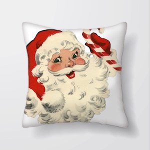 Puede incluir: Una ilustración vintage de Papá Noel sosteniendo un bastón de caramelo. Lleva un gorro y un traje rojos con barba y bigote blancos. El fondo es blanco.