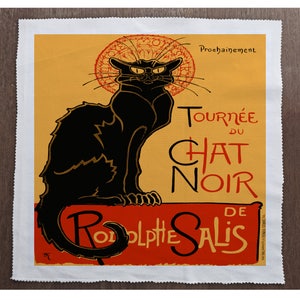 May include: A vintage poster advertising a tour of the "Chat Noir" cabaret. The poster features a black cat with a halo of light and the text "Tournée du Chat Noir de  Rodolphe Salis" in red and black lettering.