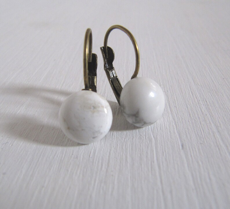 Genuine Marble Cabochon Earrings Vintage Bronze