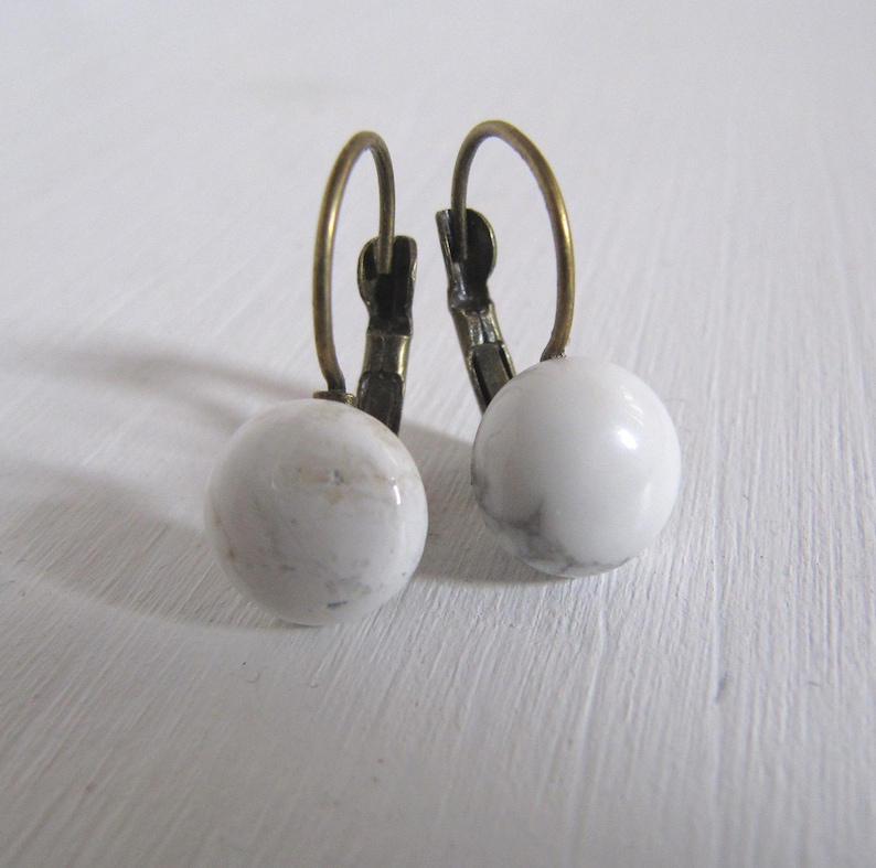 Genuine Marble Cabochon Earrings Vintage Bronze