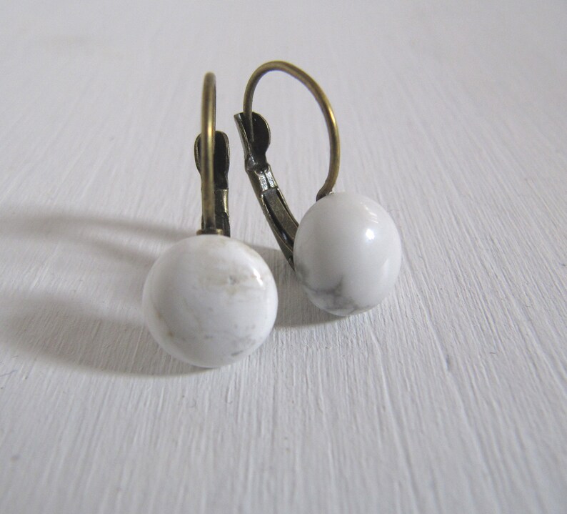 Genuine Marble Cabochon Earrings Vintage Bronze
