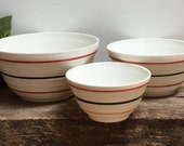 Vintage Vitrock Anchor Hocking Milk Glass Mixing Bowls Nesting Bowl 9 quot 7 1 2 quot 6 quot Red Black Stripe Kitchen Retro Cottage Chic Farmhouse