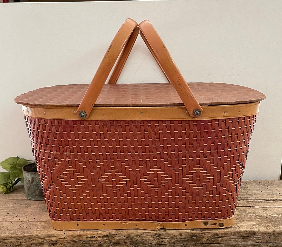 Vintage Red Wicker Picnic Basket Carrier With Metal Handles Etsy