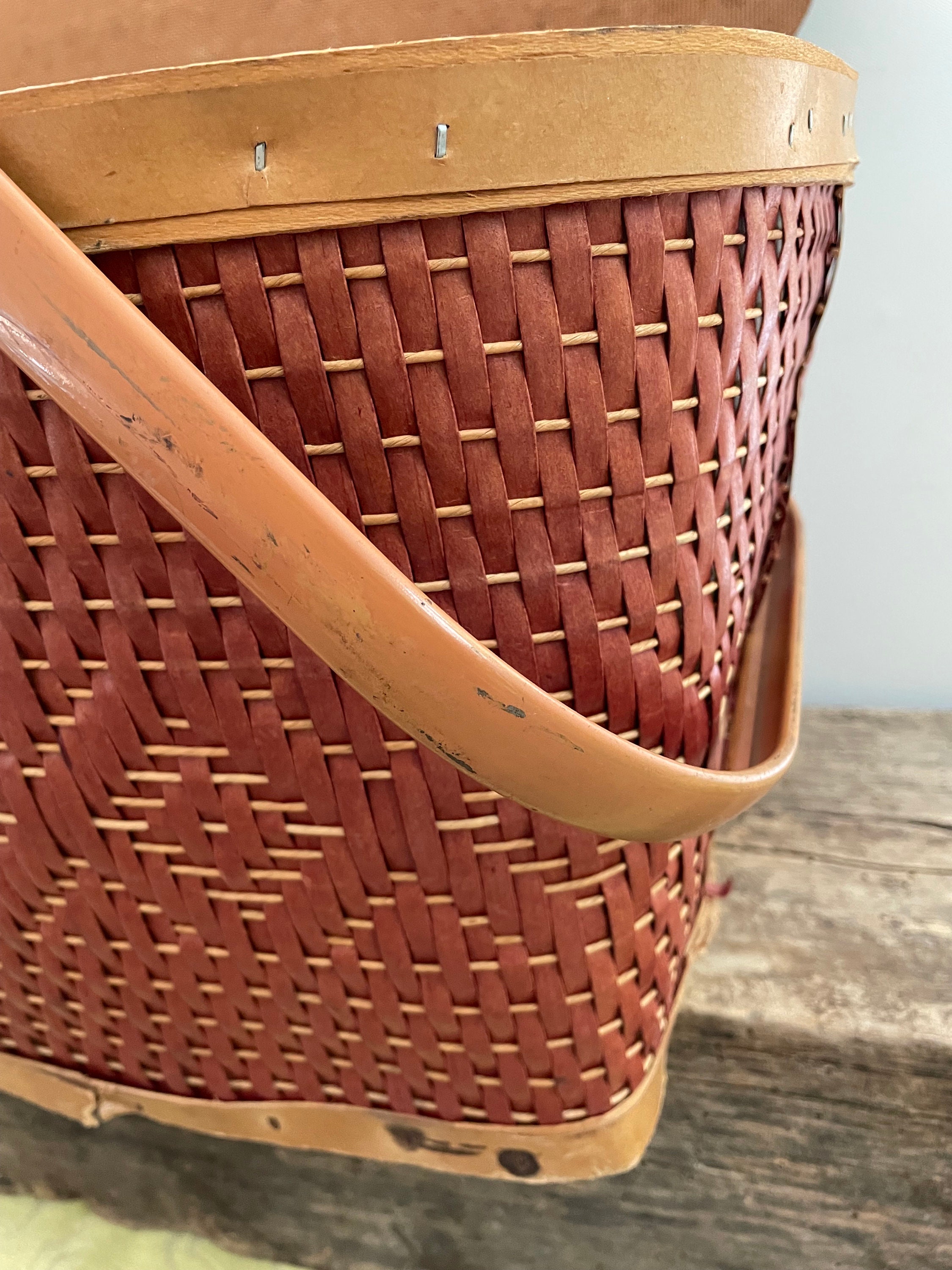 Vintage Red Wicker Picnic Basket Carrier With Metal Handles Etsy
