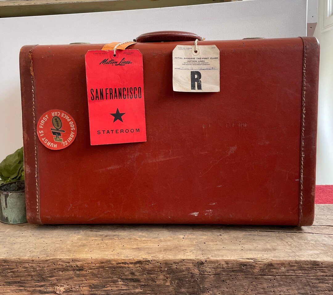 Midcentury Horn Suitcase Leather With Vintage Stickers Tags Etsy