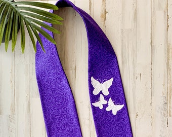 Purple Clergy Stole w/ Butterflies & Cross for Pastor