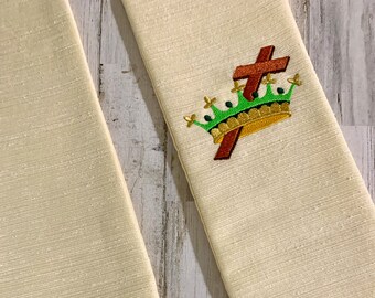 Green & Ivory Clergy Stole w/ Christ the King Crown and Green Colors for Pastor