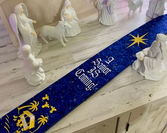 Blue Clergy Stole w/ Bethlehem Star, "A Savior IS Coming," and Manger (Available in Purple) for Pastor