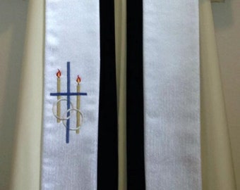 White Clergy Stole w/ Wedding Cross, Candles and Dove for Pastor