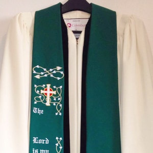 Green Clergy Stole w/ Cross and &quot;The Lord is my Rock&quot; Scripture for Pastor