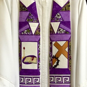 Purple Mosaic Stole with Lenten Symbols for Pastor image 1