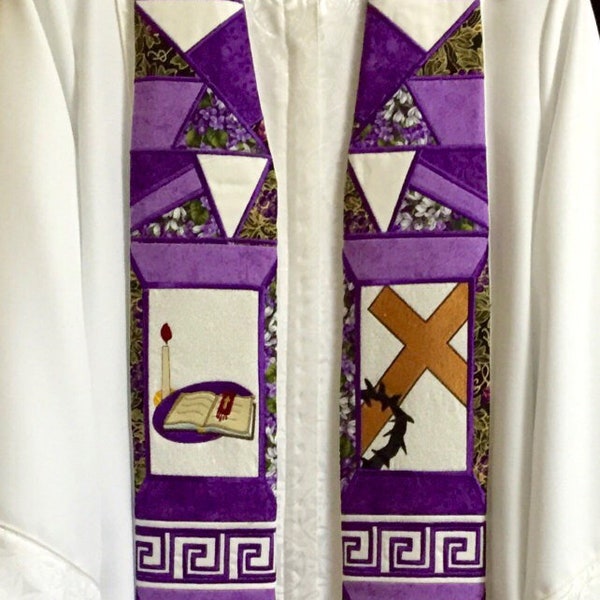 Purple Mosaic Stole with Lenten Symbols for Pastor