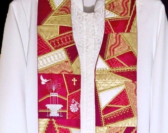 Red Quilted Stole w/ Dove, Baptismal, Cross and Shell for Pastor