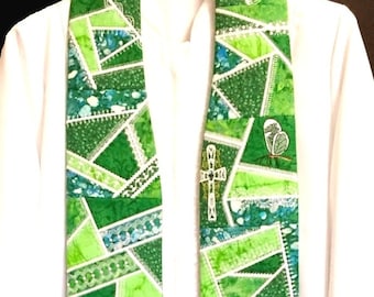 Green Quilted Stole w/ Butterfly and Cross for Pastor