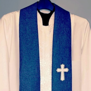 Blue Advent Clergy Stole w/ Cross & Trinity Symbol for Pastor