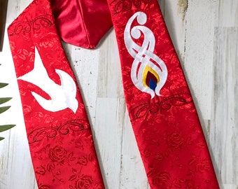 Red Stole with Dove & Pentecost Flame for Pastor