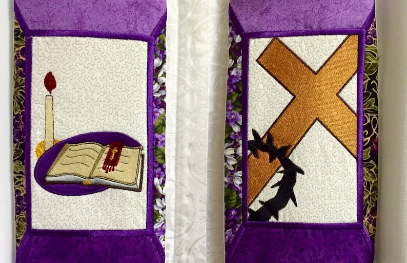 Purple Mosaic Stole with Lenten Symbols for Pastor image 2