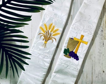 White Baptismal-Communion Stole with Cross, Chalice, Grapes & Wheat for Pastor