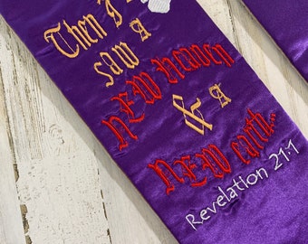 Purple Lenten Clergy Stole w/ Fringe - Rev 21:1 Scripture & Cross w/ Stars for Pastor