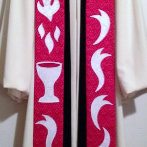 Red Pentecost Clergy Stole w/ Dove, Chalice & Flames of Holy Spirit for Pastor