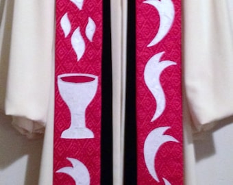 Red Pentecost Clergy Stole w/ Dove, Chalice & Flames of Holy Spirit for Pastor