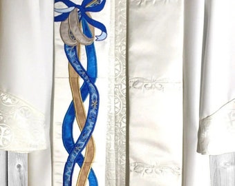 White Wedding Stole with Cross, Dove, Wedding Rings, and Ribbons for Pastor