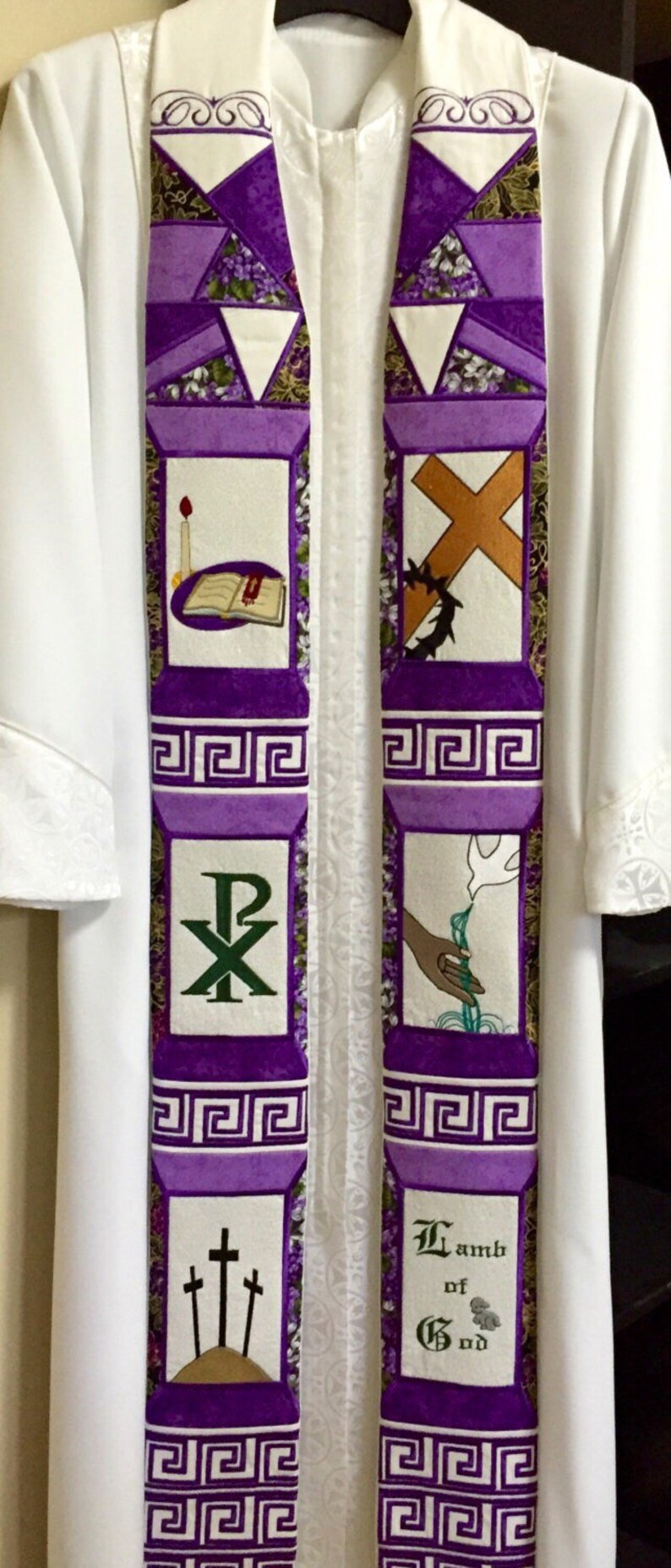 Purple Mosaic Stole with Lenten Symbols for Pastor image 1