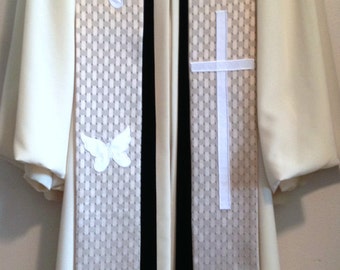 Gold Easter Clergy Stole w/ Butterflies & Large Cross for Pastor