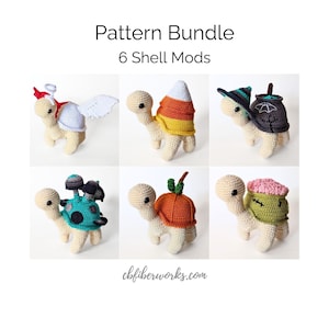 Puede incluir: Un conjunto de seis patrones de caparazón de tortuga de crochet. Los caparazones están decorados con varios temas de Halloween, incluyendo un maíz dulce, un sombrero de bruja, una calabaza, un cerebro, un hongo y un ángel.
