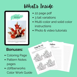 May include: A digital crochet pattern for "Freya the Fox" displayed on a tablet, with a finished fox plushie. Includes a coloring page, pattern notes, and a color work guide. The pattern offers 3 tail variations and multi-color instructions.